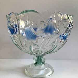 Vintage Mikasa "Bluebells" Pedestal Glass Bowl with Blue & Green Floral Accents
